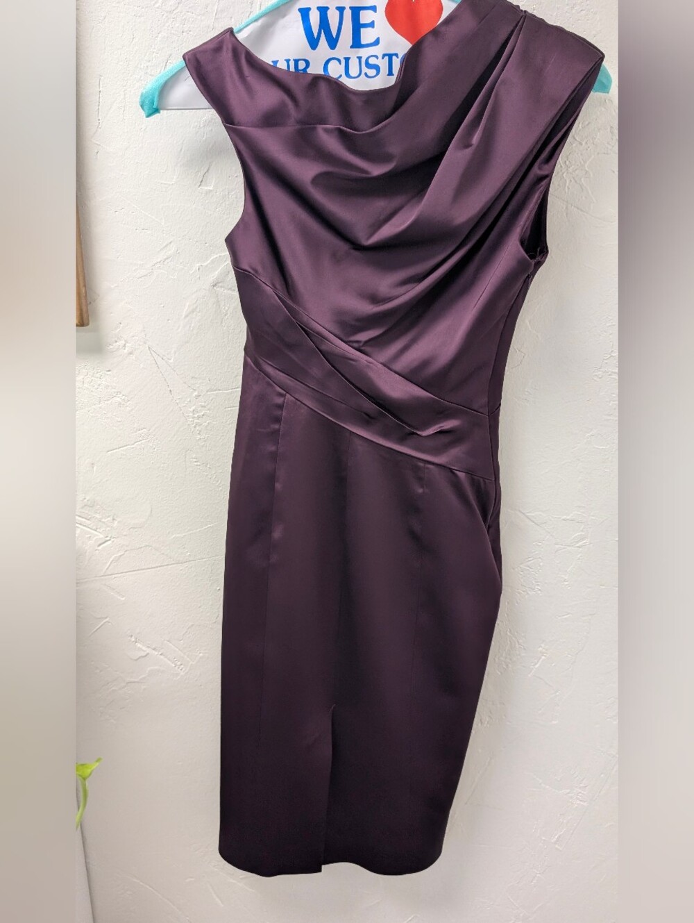 Karen Millen US 6 Plum Satin Draped Cocktail Sheath Dress